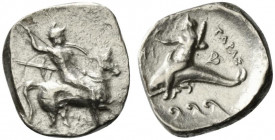 Southern Apulia, Tarentum, c. 332-302 BC. AR Nomos (19.5mm, 7.49g, 3h). Warrior on horse galloping r., holding shield and two spears, striking with a ...