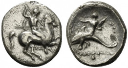 Southern Apulia, Tarentum, c. 332-302 BC. AR Nomos (20.5mm, 7.53g, 6h). Warrior on horse galloping r., holding shield and two spears, striking with a ...