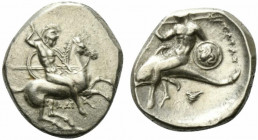 Southern Apulia, Tarentum, c. 332-302 BC. AR Nomos (19.5mm, 7.85g, 9h). Warrior, holding shield and two spears, preparing to cast a third, on horsebac...