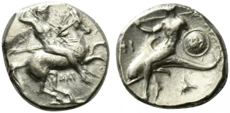 Southern Apulia, Tarentum, c. 332-302 BC. AR Nomos (19mm, 7.85g, 9h). Warrior, h...