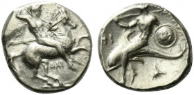 Southern Apulia, Tarentum, c. 332-302 BC. AR Nomos (19mm, 7.85g, 9h). Warrior, holding shield and two spears, preparing to cast a third, on horseback ...