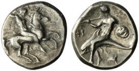 Southern Apulia, Tarentum, c. 332-302 BC. AR Nomos (20.5mm, 7.89g, 6h). Warrior, holding shield and two spears, preparing to cast a third, on horsebac...