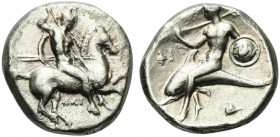 Southern Apulia, Tarentum, c. 332-302 BC. AR Nomos (19mm, 7.71g, 9h). Warrior, holding shield and two spears, preparing to cast a third, on horseback ...