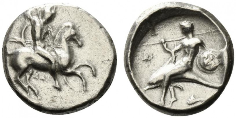 Southern Apulia, Tarentum, c. 332-302 BC. AR Nomos (22mm, 7.76g, 3h). Warrior, h...