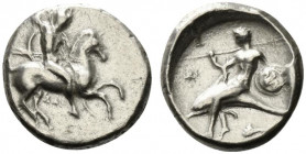 Southern Apulia, Tarentum, c. 332-302 BC. AR Nomos (22mm, 7.76g, 3h). Warrior, holding shield and two spears, preparing to cast a third, on horseback ...