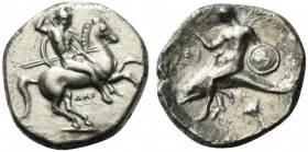 Southern Apulia, Tarentum, c. 332-302 BC. AR Nomos (22mm, 7.52g, 3h). Warrior, holding shield and two spears, preparing to cast a third, on horseback ...
