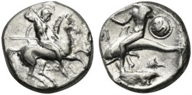 Southern Apulia, Tarentum, c. 332-302 BC. AR Nomos (19mm, 7.87g, 4h). Warrior, holding shield and two spears, preparing to cast a third, on horseback ...
