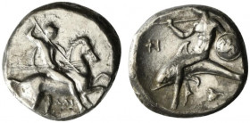 Southern Apulia, Tarentum, c. 332-302 BC. AR Nomos (19mm, 7.46g, 1h). Warrior, holding shield and two spears, preparing to cast a third, on horseback ...