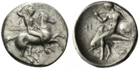 Southern Apulia, Tarentum, c. 332-302 BC. AR Nomos (21mm, 7.70g, 7h). Warrior, holding shield and two spears, preparing to cast a third, on horseback ...