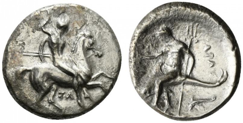 Southern Apulia, Tarentum, c. 332-302 BC. AR Nomos (21.5mm, 7.42g, 4h). Horseman...