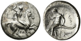 Southern Apulia, Tarentum, c. 332-302 BC. AR Nomos (21.5mm, 7.42g, 4h). Horseman riding r., holding two spears and shield, preparing to cast third spe...
