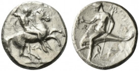 Southern Apulia, Tarentum, c. 332-302 BC. AR Nomos (20.5mm, 7.51g, 6h). Horseman riding r., holding two spears and shield, preparing to cast third spe...