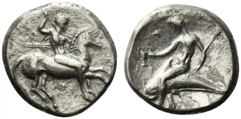 Southern Apulia, Tarentum, c. 330-302 BC. AR Nomos (20.5mm, 7.69g, 10h). Warrior...