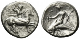 Southern Apulia, Tarentum, c. 330-302 BC. AR Nomos (20.5mm, 7.69g, 10h). Warrior on horseback r., holding shield, two lances, and spear; Ξ to l., API ...