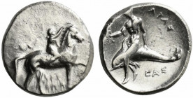 Southern Apulia, Tarentum, c. 320-280 BC. AR Nomos (21.5mm, 7.78g, 10h). Youth on horseback r., crowning horse; ΣA to l., APE/ΘΩN in two lines below. ...