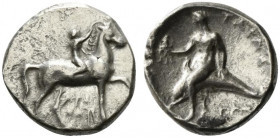 Southern Apulia, Tarentum, c. 320-280 BC. AR Nomos (21mm, 7.71g, 9h). Youth on horseback r., crowning horse; ΣA to l., APE/ΘΩN in two lines below. R/ ...