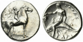 Southern Apulia, Tarentum, c. 320-280 BC. AR Nomos (20.5mm, 7.80g, 1h). Youth on horseback r., crowning horse with wreath. R/ Phalanthos, holding grap...