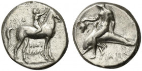 Southern Apulia, Tarentum, c. 320-280 BC. AR Nomos (19mm, 7.74g, 8h). Youth on horseback r., crowning horse with wreath. R/ Phalanthos, holding grape ...