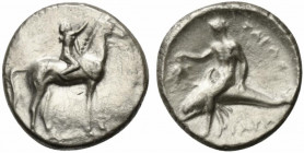 Southern Apulia, Tarentum, c. 320-280 BC. AR Nomos (22mm, 7.58g, 10h). Youth on horseback r., crowning horse with wreath. R/ Phalanthos, holding grape...