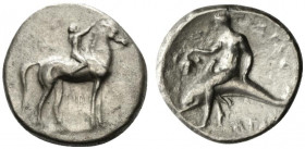 Southern Apulia, Tarentum, c. 320-280 BC. AR Nomos (22mm, 7.34g, 9h). Youth on horseback r., crowning horse with wreath. R/ Phalanthos, holding grape ...