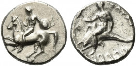 Southern Apulia, Tarentum, c. 302-280 BC. AR Nomos (21mm, 7.44g, 9h). Nude youth on horseback l., holding shield. R/ Phalanthos, holding Nike, riding ...