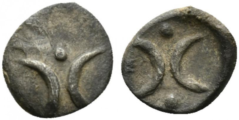 Southern Apulia, Tarentum, c. 280-228 BC. AR Hemiobol (6mm, 0.24g). Two crescent...