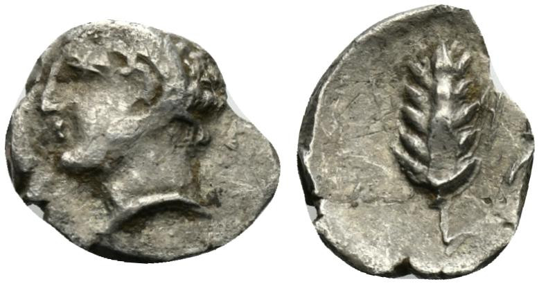 Southern Lucania, Metapontion, c. 325-275 BC. AR Diobol (10mm, 0.82g, 6h). Head ...