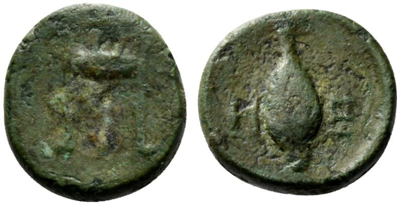 Southern Lucania, Metapontion, c. 425-350 BC. Æ (12mm, 2.19g, 9h). Tripod. R/ Ba...