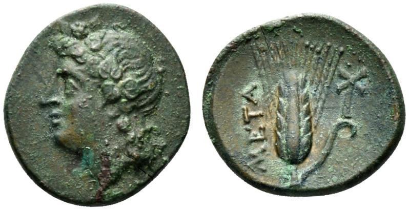 Southern Lucania, Metapontion, c. 300-250 BC. Æ (17mm, 2.77g, 9h). Wreathed head...