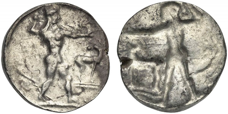 Bruttium, Kaulonia, c. 475-470 BC. AR Stater (21mm, 8.12g, 12h). Apollo advancin...