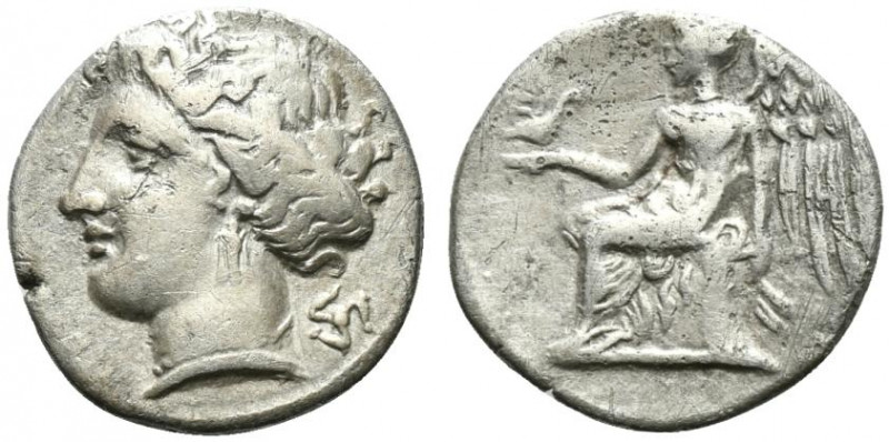 Bruttium, Terina, c. 300 BC. AR Drachm (14mm, 1.92g, 9h). Head of the nymph Teri...