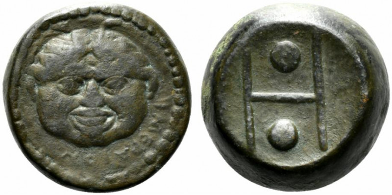 Sicily, Himera, c. 430-409 BC. Æ Hexas (20mm, 9.92g, 12h). Gorgoneion. R/ Two pe...