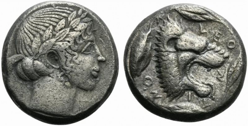 Sicily, Leontinoi, c. 450-440 BC. AR Tetradrachm (23mm, 16.98g, 9h). Laureate he...