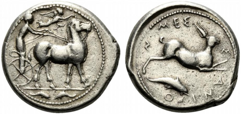 Sicily, Messana, 425-421 BC. AR Tetradrachm (26.5mm, 17.16g, 5h). The nymph Mess...