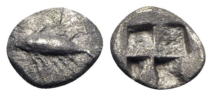 Mysia, Kyzikos, c. 500 BC. AR Hemiobol (9mm, 0.46g). Tunny l. R/ Quadripartite i...