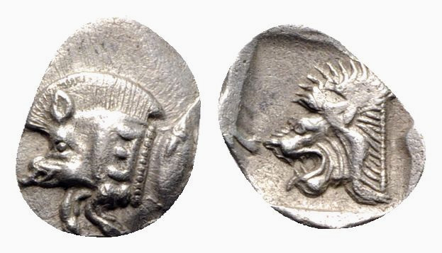 Mysia, Kyzikos, c. 450-400 BC. AR Obol (12mm, 0.78g, 1h). Forepart of boar l. E ...