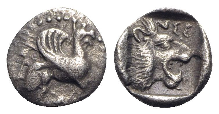 Troas, Assos, 5th century BC. AR Obol (9mm, 0.60g, 11h). Griffin r. R/ Lion’s he...