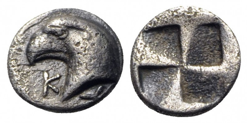 Aeolis, Kyme, c. 450-400 BC. AR Hemiobol (7mm, 0.49g). Head of eagle l.; K to l....