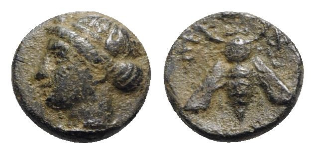 Ionia, Ephesos, c. 375 BC. Æ (11mm, 1.48g, 11h). Turreted head of female l. R/ B...