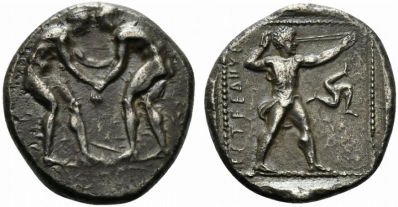 Pamphylia, Aspendos, c. 420-410 BC. AR Stater (23.5mm, 10.63g, 6h). Two wrestler...