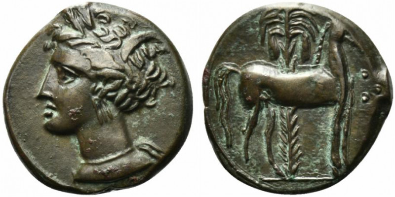 Carthage, c. 400-350 BC. Æ (15.5mm, 3.32g, 9h). Wreathed head of Tanit l. R/ Hor...