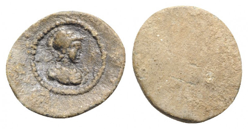 Greek PB Tessera (19mm, 2.52g). Helmeted and cuirassed bust of Athena r. R/ Blan...