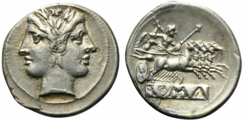 Anonymous, Rome, c. 225-212 BC. AR Quadrigatus (24mm, 6.52g, 5h). Laureate head ...