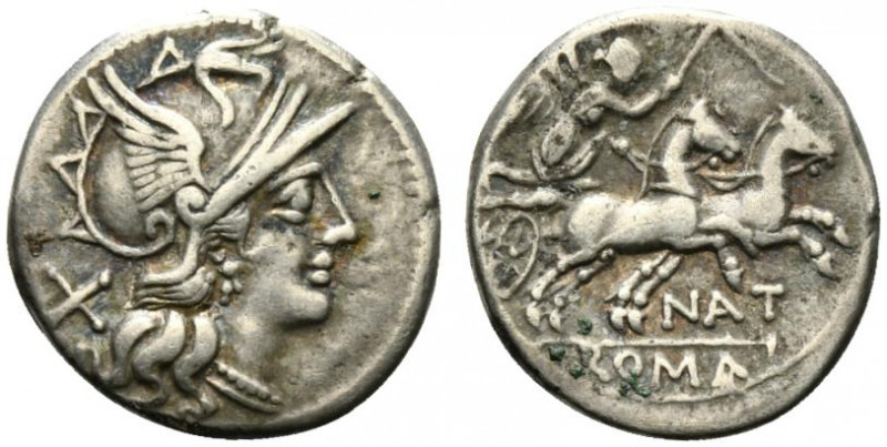 Pinarius Natta, Rome, 155 BC. AR Denarius (18mm, 3.96g, 2h). Head of Roma r. R/ ...