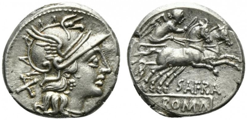 Spurius Afranius, Rome, 150 BC. AR Denarius (18mm, 3.79g, 12h). Helmeted head of...