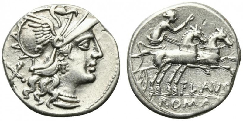 Decimius Flavus, Rome, 150 BC. AR Denarius (18mm, 3.52g, 6h). Helmeted head of R...