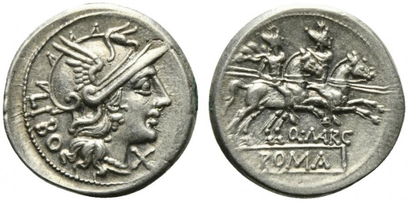 Q. Marcius Libo, Rome, 148 BC. AR Denarius (21mm, 4.02g, 12h). Helmeted head of ...