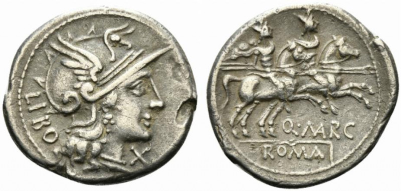 Q. Marcius Libo, Rome, 148 BC. AR Denarius (21mm, 3.88g, 12h). Helmeted head of ...