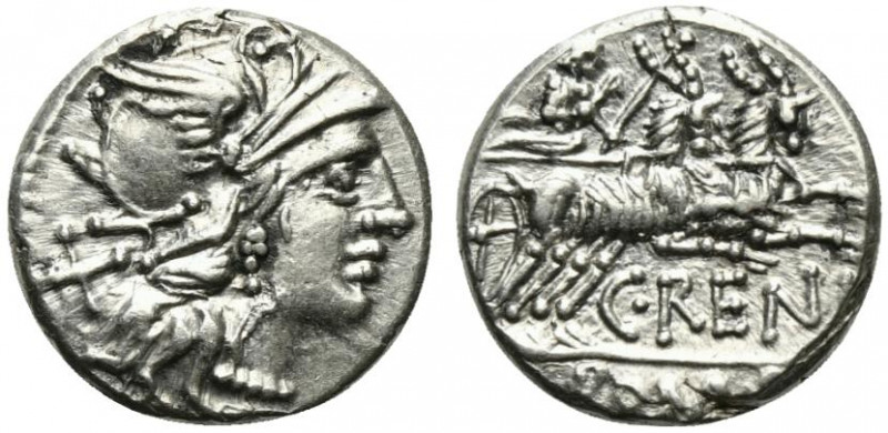 C. Renius, Rome, 138 BC. AR Denarius (16.5mm, 3.87g, 12h). Helmeted head of Roma...