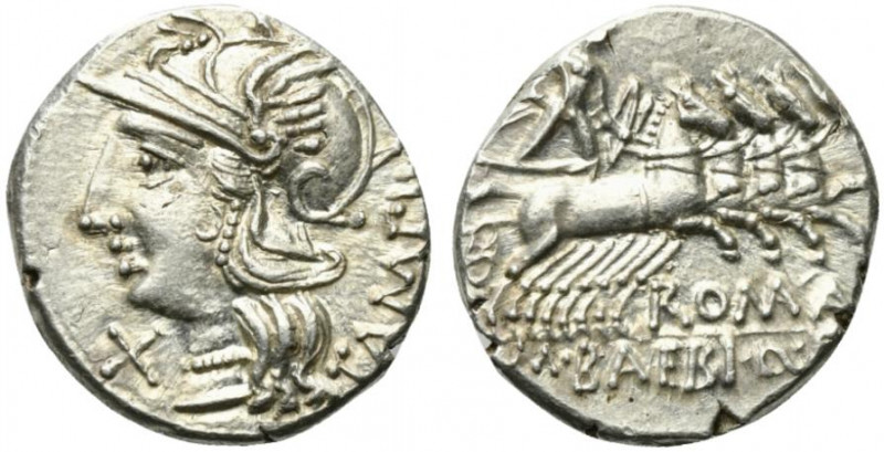 M. Baebius Q.f. Tampilus, Rome, 137 BC. AR Denarius (19mm, 3.94g, 12h). Helmeted...